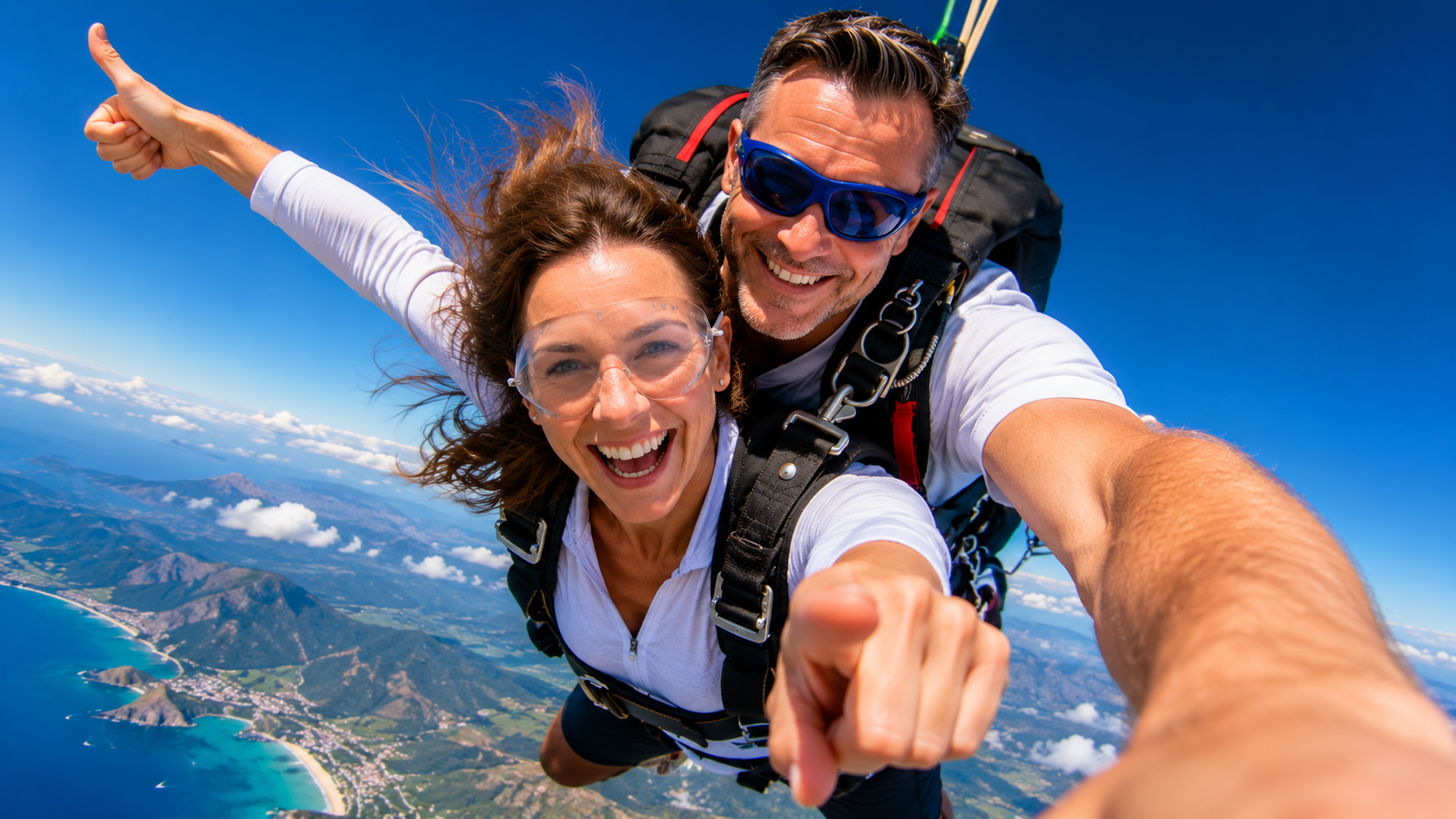 Corinne et Grégory en saut en parachute dans un ciel bleu