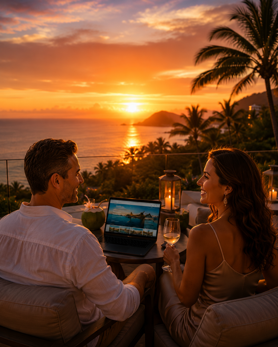 Corinne et Grégory face au coucher du soleil avec leur ordinateur